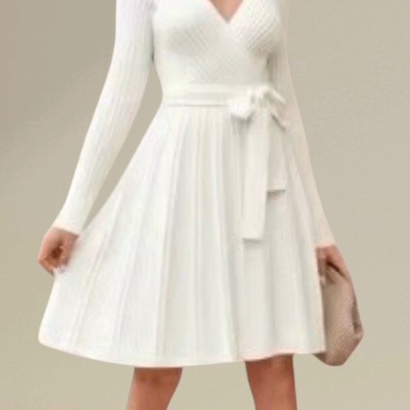 Women’s Long Sleeve Wrap V-Neck Ribbed Knit A line Sweater Dress - Picture 2 of 8